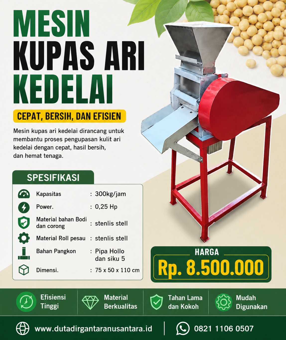 Mesin Kupas Ari Kedelai Kapasitas 300 Kg/Jam untuk Usaha Tahu dan Tempe
